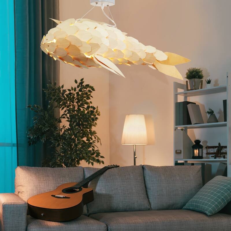 Unique Wooden Vivid Fish-shape Pendant Light - Natural Wood