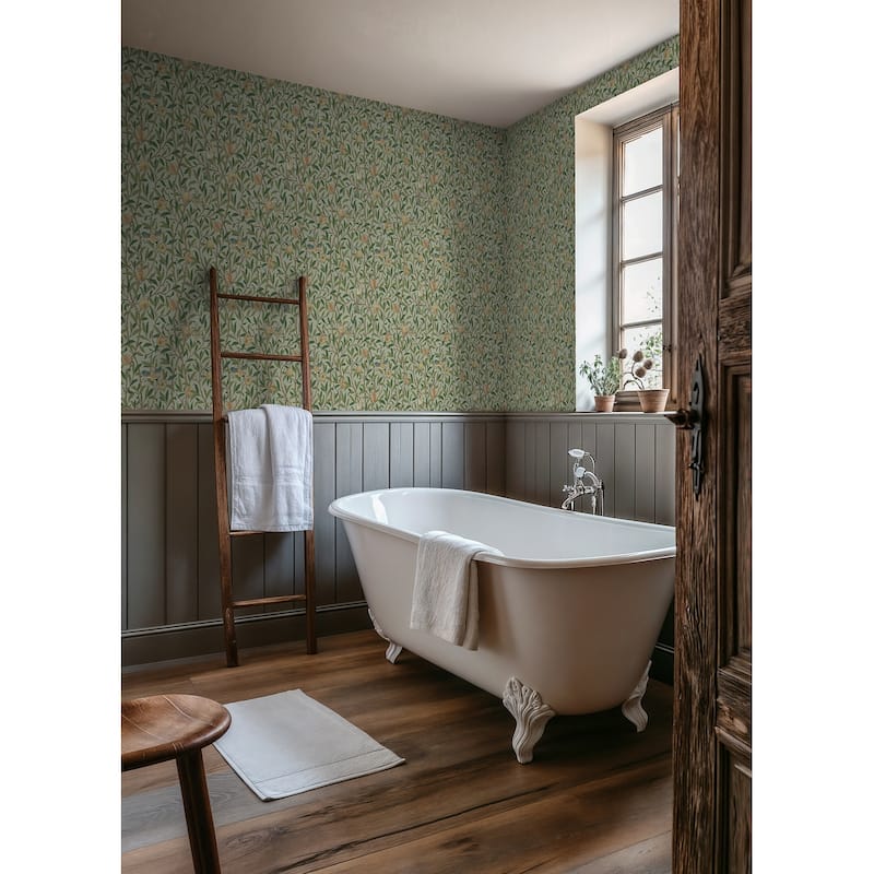 Bird and Pomegranate Bayleaf and Forest Peel and Stick Wallpaper