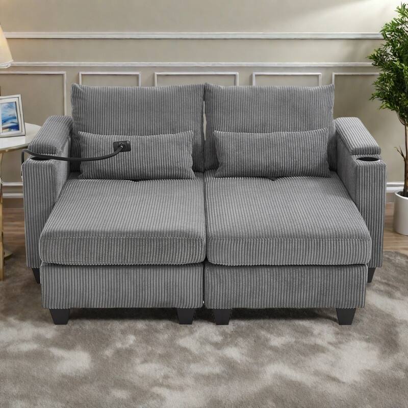 63" Corduroy Convertible Chaise Lounge with USB Ports, Phone Holder, and Storage - Grey