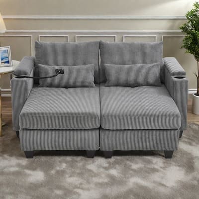 63" Corduroy Convertible Chaise Lounge with USB Ports, Phone Holder, and Storage