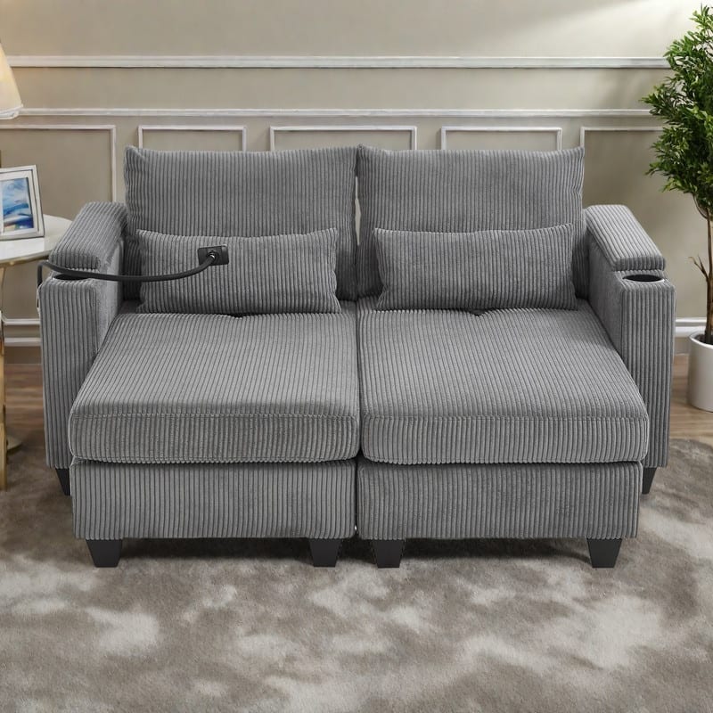 63" Corduroy Convertible Chaise Lounge with USB Ports, Phone Holder, and Storage