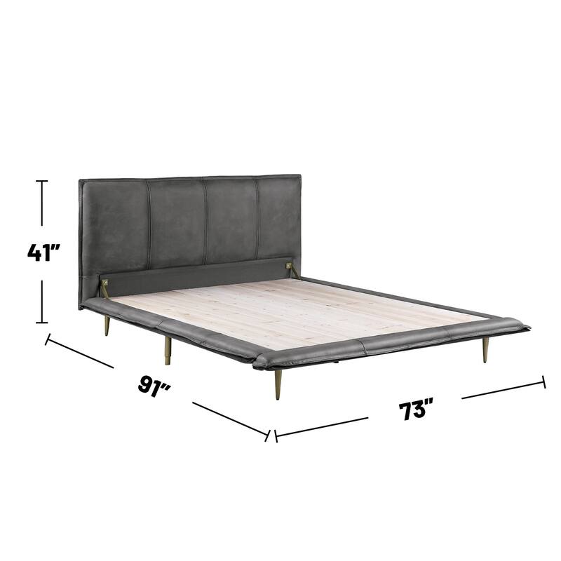 Top Grain Leather Bed with Metal Legs in Gray Finish