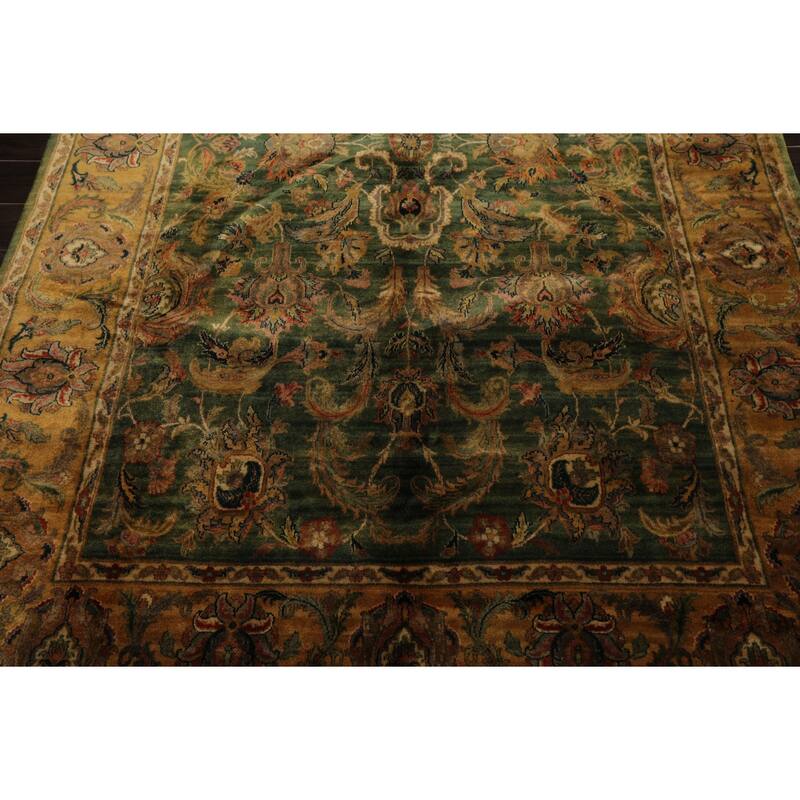 6'3''x9'3'' Hand Knotted Wool Green Plush Pile Traditional Botanical Agra Gold Wash Silky Sheen Rug - 6' 3'' x 9' 3''