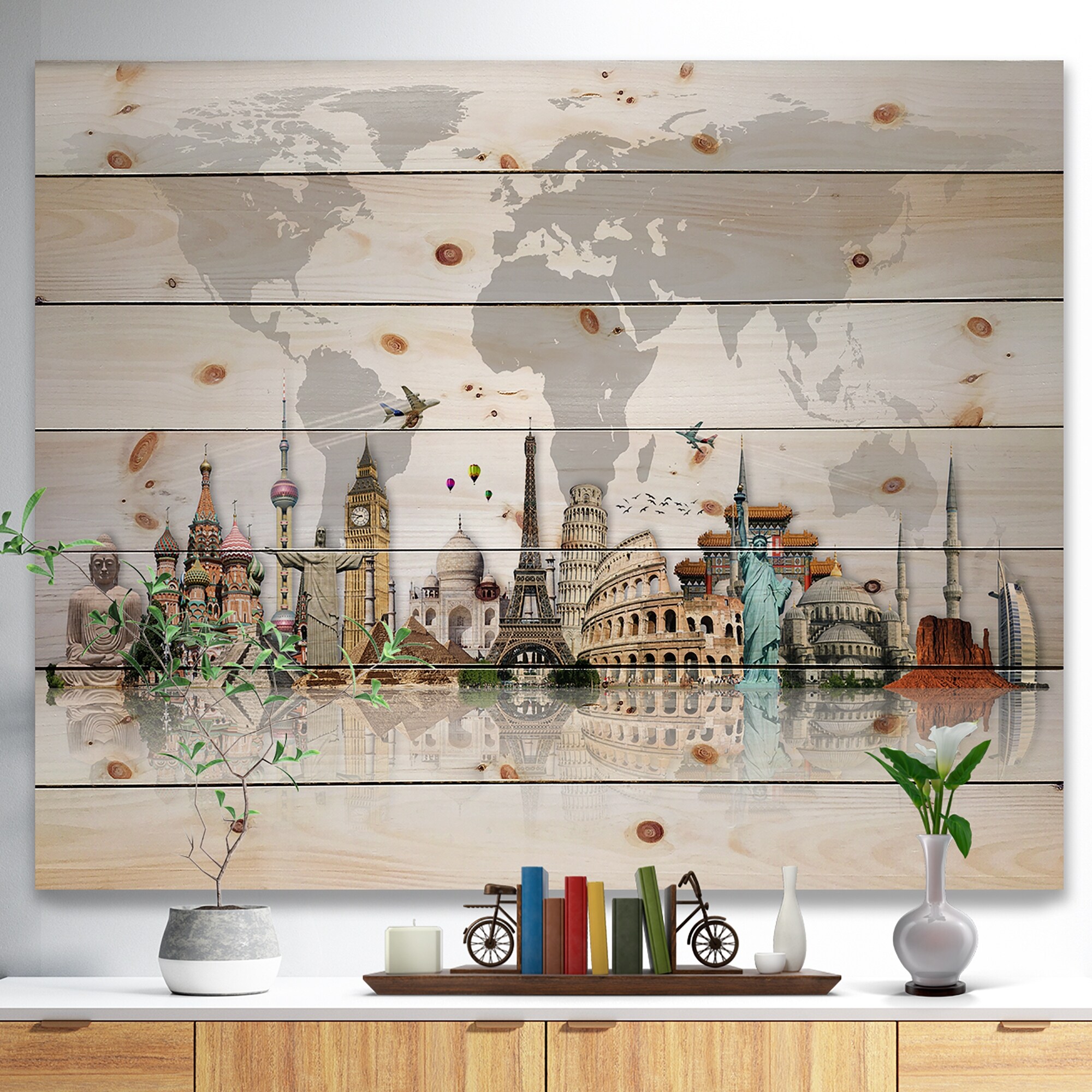 Designart 'Famous Monuments Across World Map' Print on Natural