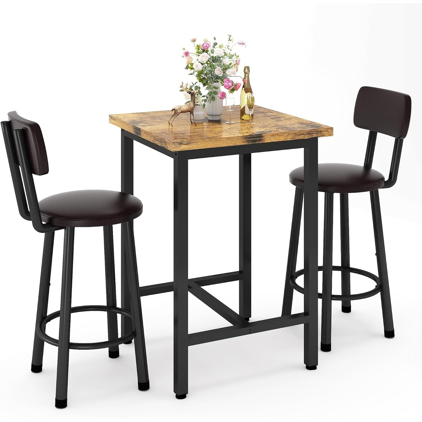 3 Piece Pub Dining Set, Modern Bar Table and Stools for 2, Kitchen Counter Height, Rustic Brown, Compact Design for Small Spaces