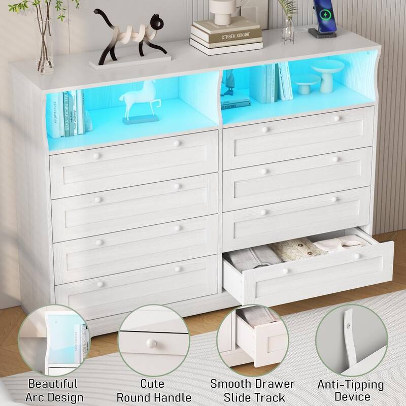 8 Drawers Wooden Dressers for Bedroom Living Room, Hallway, Wood Dressers with Led Lights and Charging Station