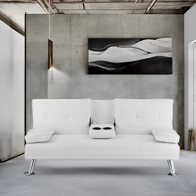 Convertible Futon Sofa Bed with Armrests & Cupholders - Faux Leather Reclining Couch for Small Spaces