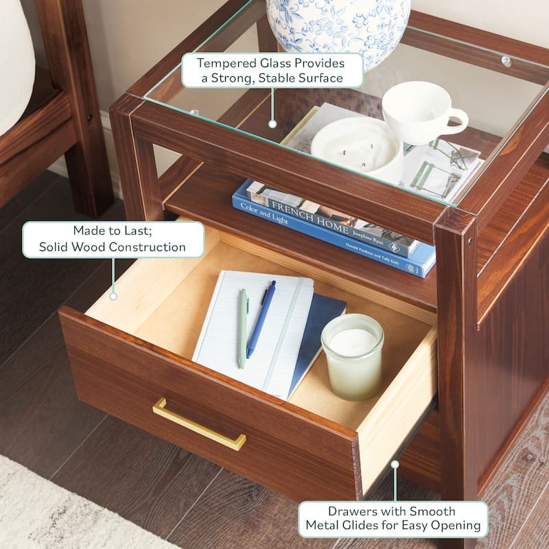 Walker Edison Solid Wood Nightstands with Tempered Glass Top (Set of 2)
