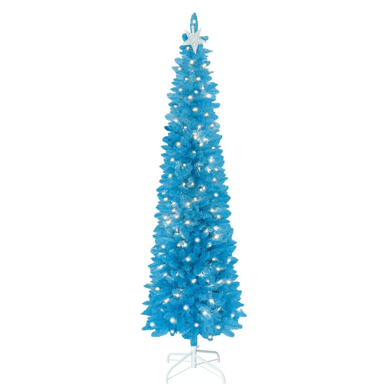 VEIKOUS 6ft Pre-Lit Artificial Christmas Tree with Adjustable Curved/Straight Top - Blue