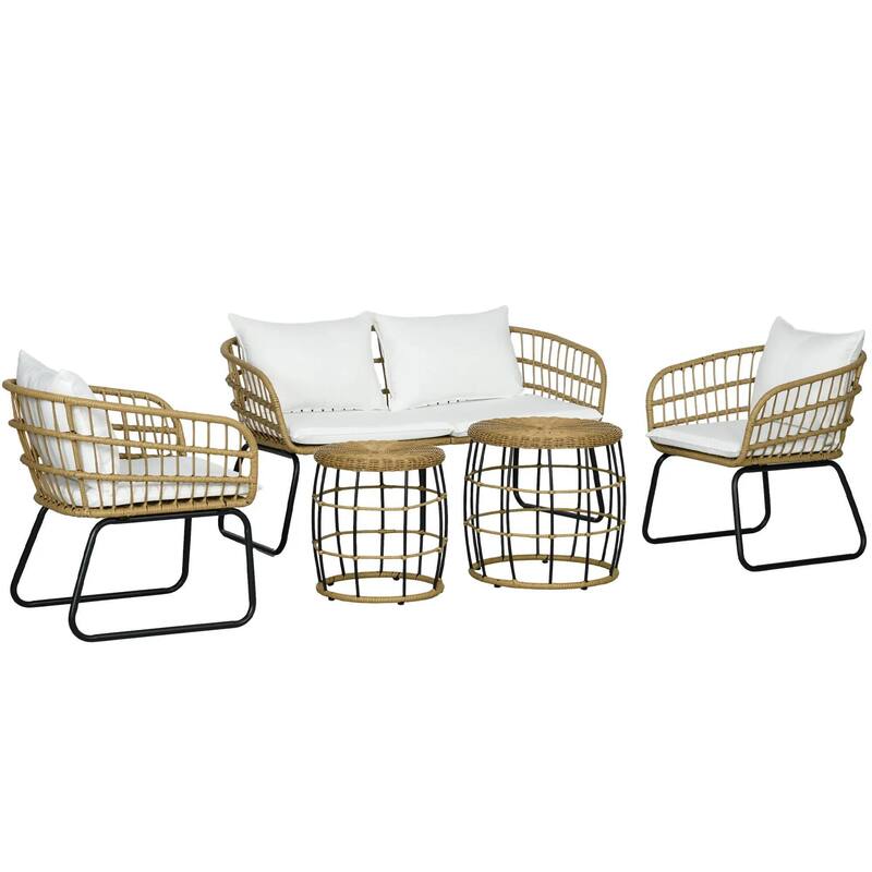 5PC PE Rattan Outdoor Furniture Set with Cushioned Chairs,Sofa,Table