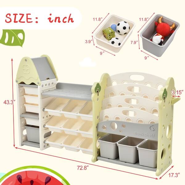 Kids Bookshelf Toy Storage Organizer with 17 Bins and 5 Bookshelves, Multi-functional Nursery Organizer