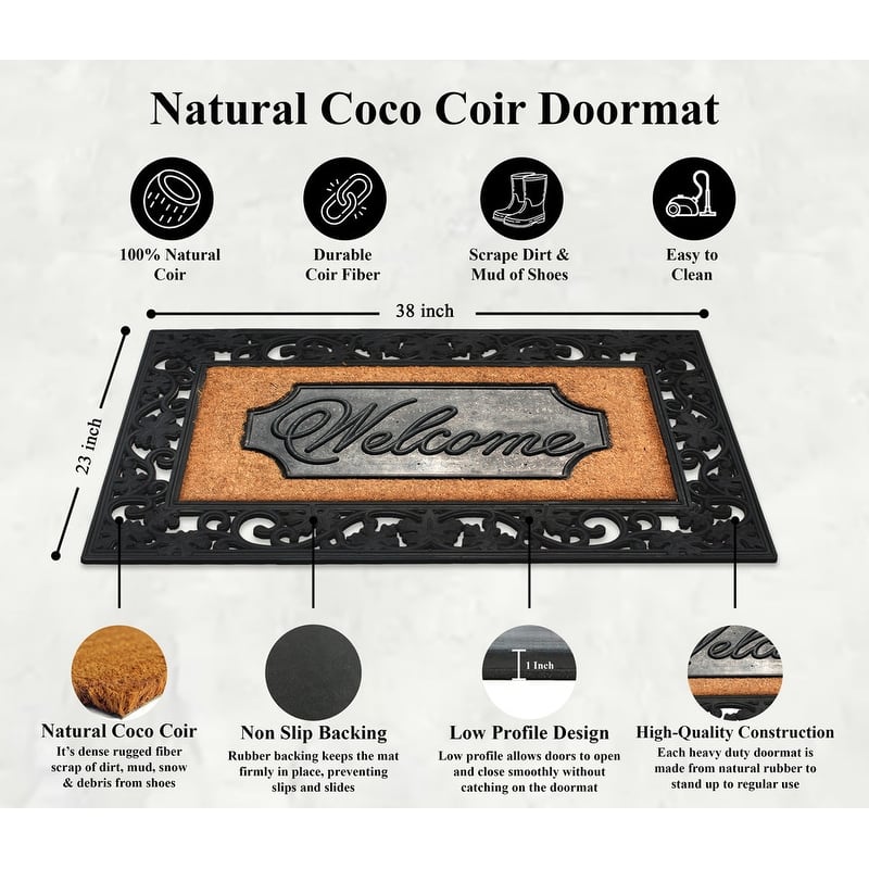 A1HC Rubber and Coir Floral Border Dirt Trapper Heavy Weight Large Welcome Doormat, 23"X38", Black
