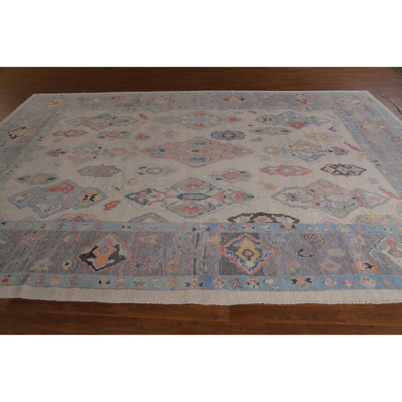 Hand Knotted Oriental 100% Wool Carpet Transitional Geometric Beige & Ivories Oushak Area Rug - 12' 4'' X 8' 11''