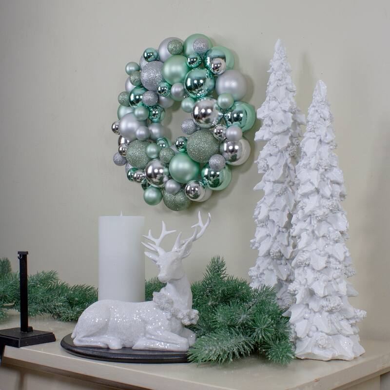 Silver Seafoam Green 3-Finish Shatterproof Ball Christmas Wreath, 13"