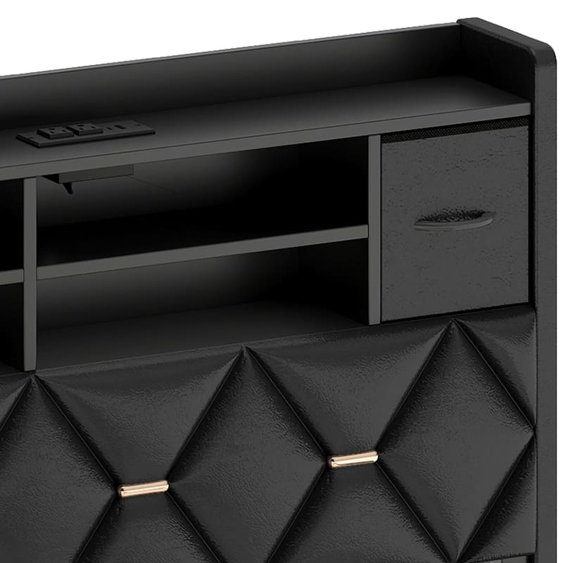 Black Farmhouse Bed Frame Upholstered Headboard Platform Bed with Charging Station