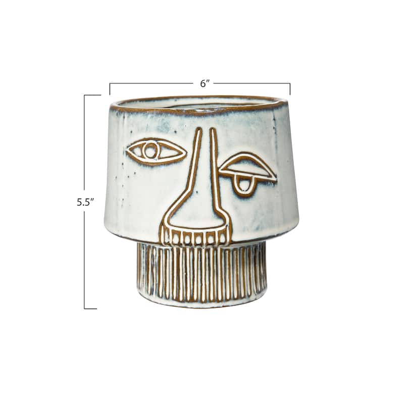 White Stoneware Vase with Abstract Face Design & Reactive Glaze Finish (Each one will vary)