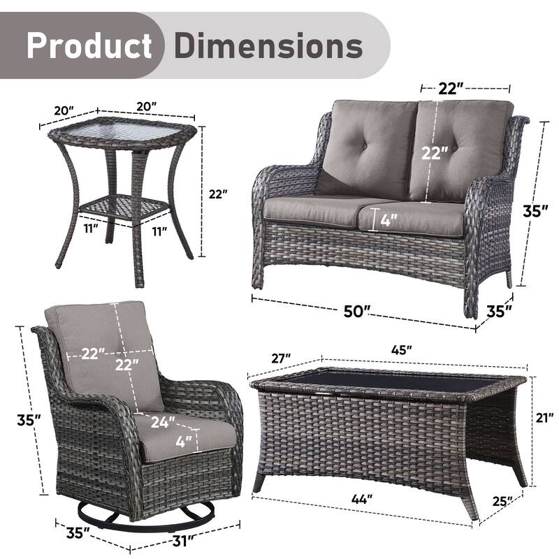 Pocassy 4 Pieces Outdoor 4 Inch Sofa Swivel Chairs Table