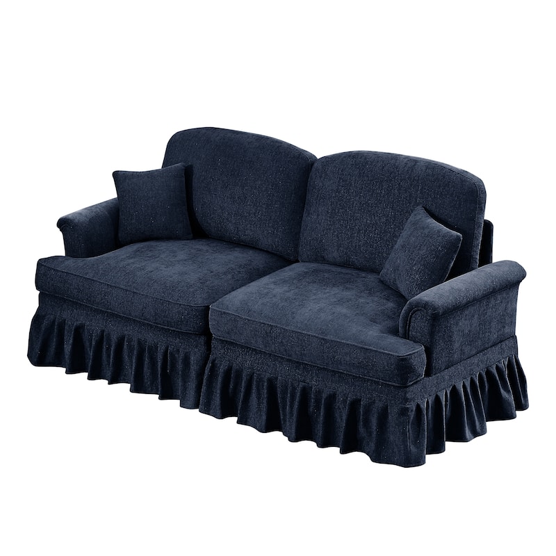 Mid-Century 2-Seat Sofa Couch with Flared Arms & Removable Ruffled Skirts, Retro Chenille Upholstered Loveseat for Living Room