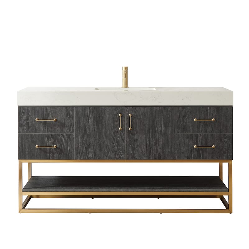 Alistair Bath Vanity with Grain White Stone Top without Mirror - 60in. Single Sink - North American Black Oak