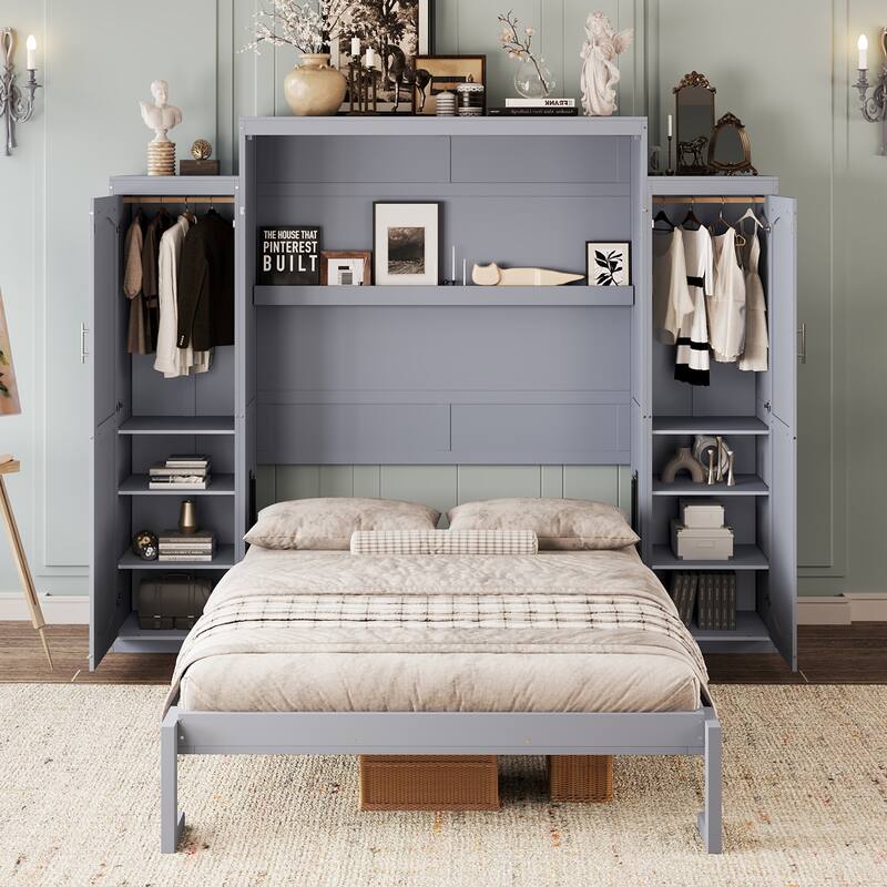 Multifunctional Queen Size Wooden Murphy Bed w/ 2 Wardrobe & Storage Shelf Foldable Wall Bedframe for Guest-Room, Bedroom