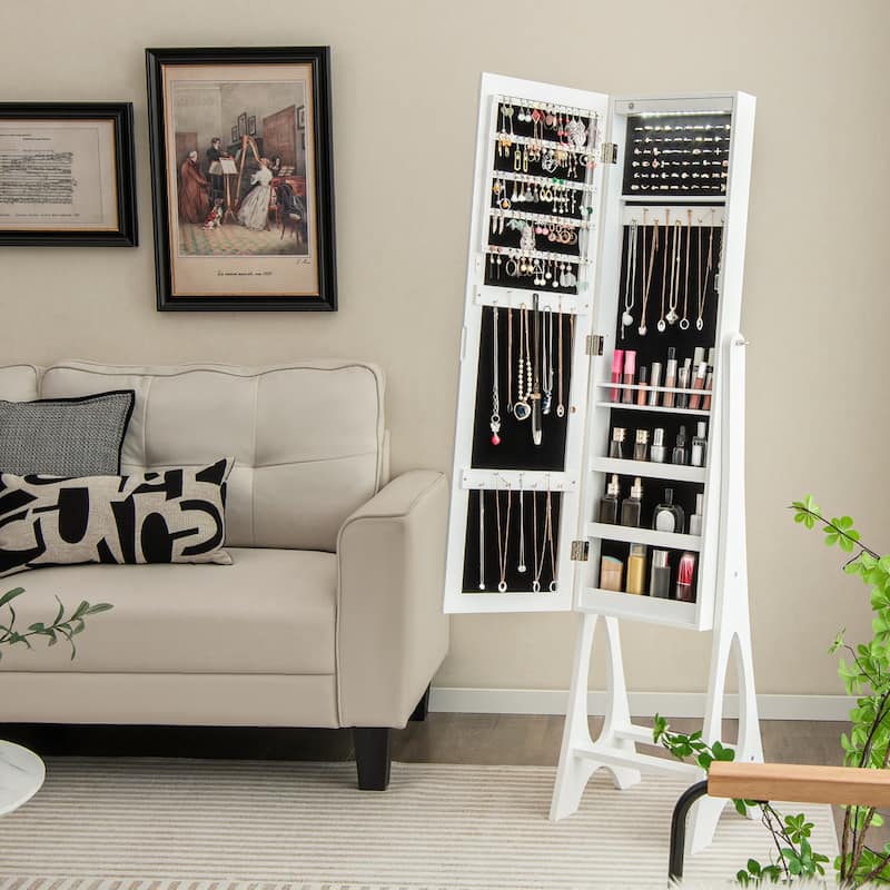Freestanding Jewelry Cabinet Armoire Organizer with 5 Lined Shelves and Full Size Mirror - 14.5" x 13.5" x 61" (L x W x H)
