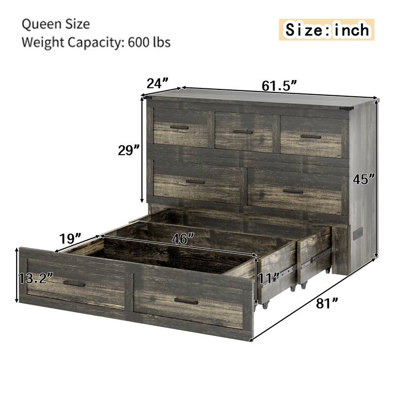 Queen Size Murphy Bed Cabinet with Charging Station