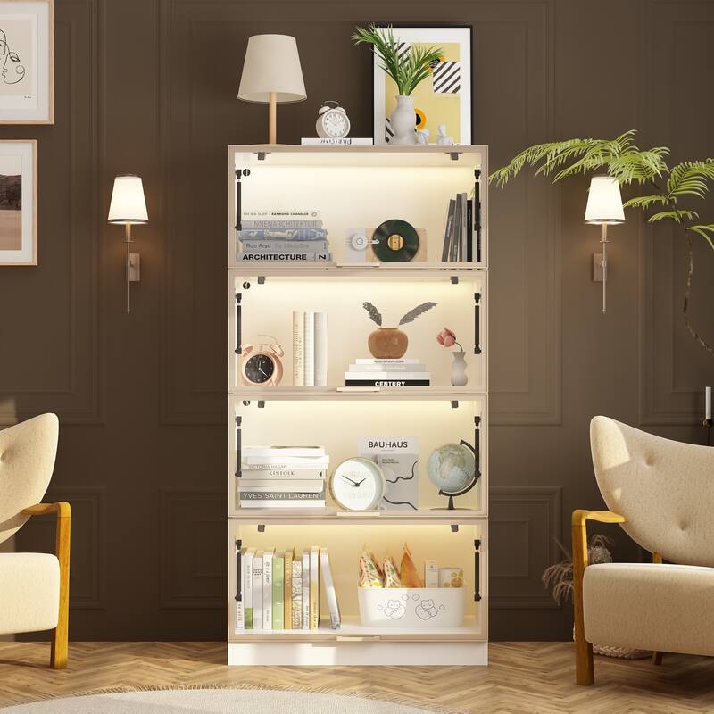 Stylish Aluminum Bookshelf with Four Hinged Doors and Strips Lighting