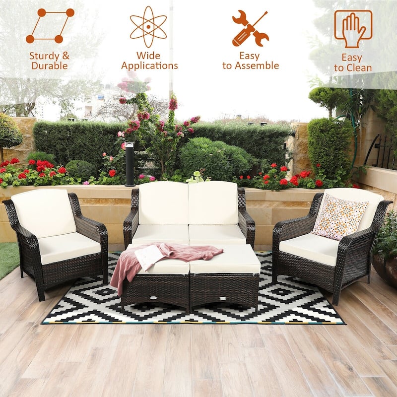 5 Pieces Patio Rattan Sofa Set with Cushion and Ottoman - 51" x 33.5" x 33" (L x W x H)