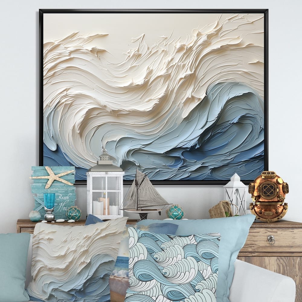 Designart "White And Blue Wave Papercut Style " Coastal Waves Framed Wall Decor