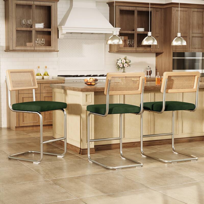 Set of 3 Counter Height Bar Stools with Woven Rattan Back and Footrest for Kitchen Island - 26" H - Olive