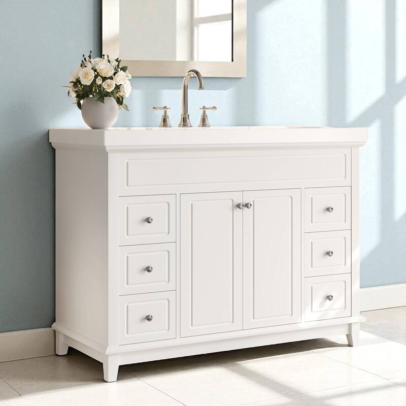 48" Bathroom Vanity with Resin Sink, 6 Soft-Close Drawers, Double Doors and Solid Pine Legs, Freestanding Cabinet - White