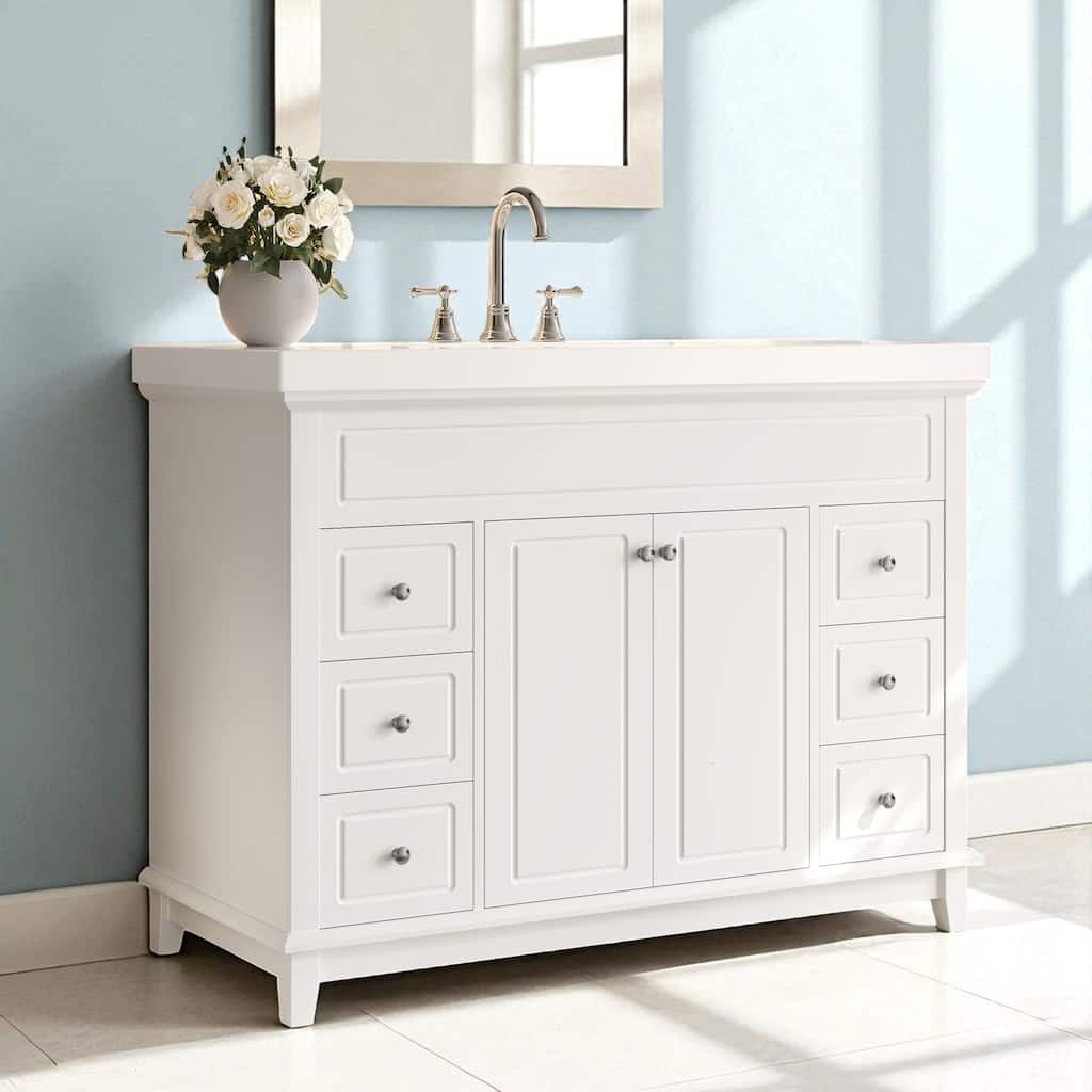 48" Bathroom Vanity with Resin Sink, 6 Soft-Close Drawers, Double Doors and Solid Pine Legs, Freestanding Cabinet