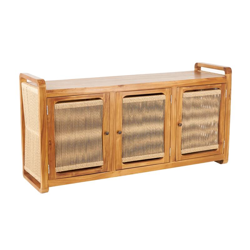 Teak Wood Handmade 3 Door Cabinet with Rattan Front and Sides - Brown - Roche River Decor - 18"W x 63"L x 32"H