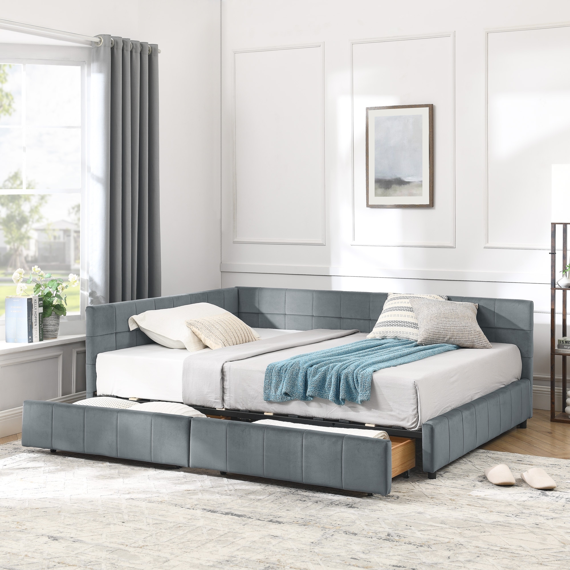 Full Size Storage Upholstered Tufted Bed Frame, Sofa Bed Frame with Comfortable Backrest and Armrests