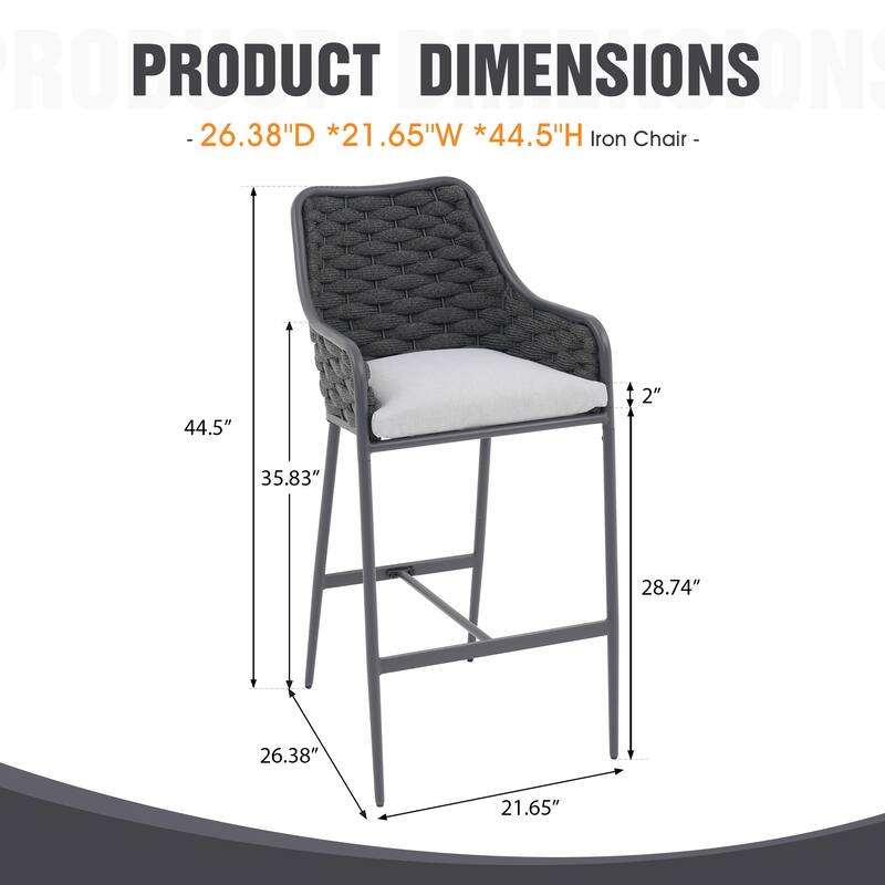 Outdoor Metal High Arm Barstool Chair with Cushions (set of 2)