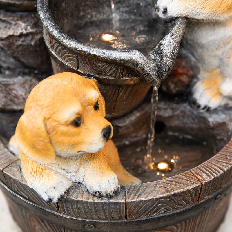 Glitzhome 23.75"H Cute Dog Playing Around the Water Pump Polyresin Outdoor Fountain with Pump and LED Light
