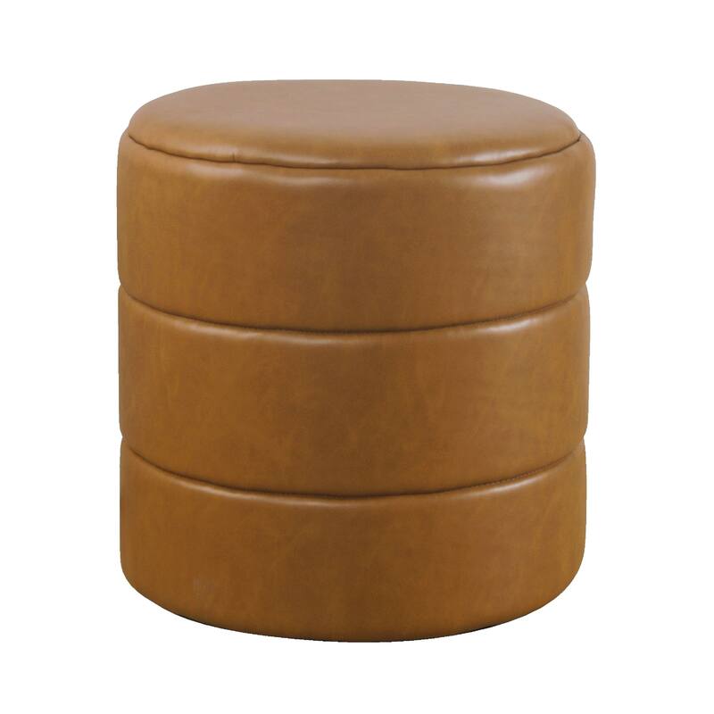 Sem 18 Inch Brown Channel-Tufted Faux Leather Round Accent Ottoman