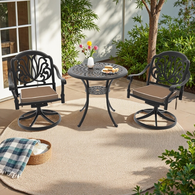 3-Piece Aluminum Round Outdoor Patio Dining Set, 2 Cushioned Swivel Chairs, Table, All-Weather Frames