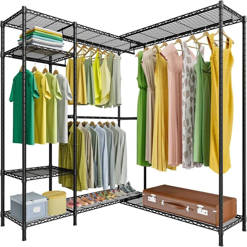 Freestanding Heavy-Duty Garment Rack with 6 Wire Shelves - 44"D x 43.3"W x 77.5"H - 44"D x 43.3"W x 77.5"H - Black
