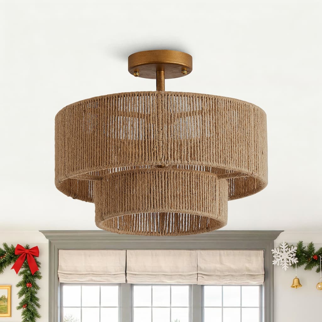 Bohemian Gold Natural Handmade Jute Rope 3-Light Two-Tier Drum Semi-Flush Mount Ceiling Light - 15.4"Wx12.6"H