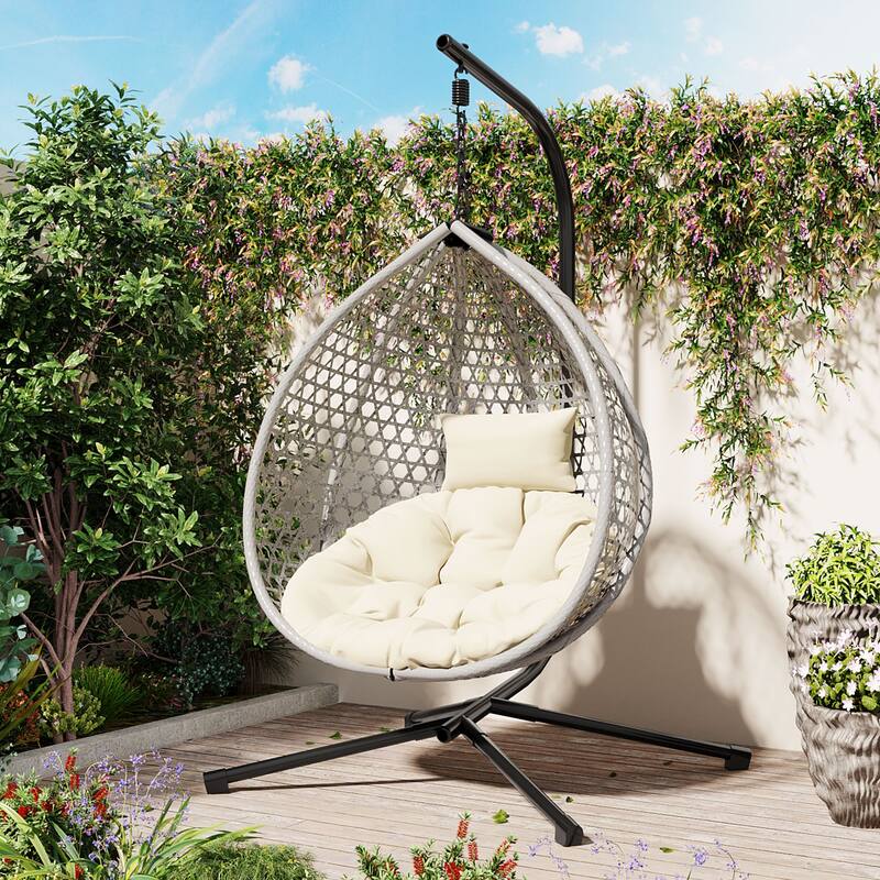Versatile Egg Chair for Indoor and Outdoor Use, PE Rattan Patio Swing Hanging Chair with Stand and Cushion - Grey+Beige