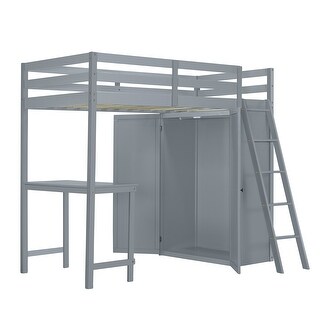 Twin Loft Bed with Wardrobe, Desk & Shelves, Gray