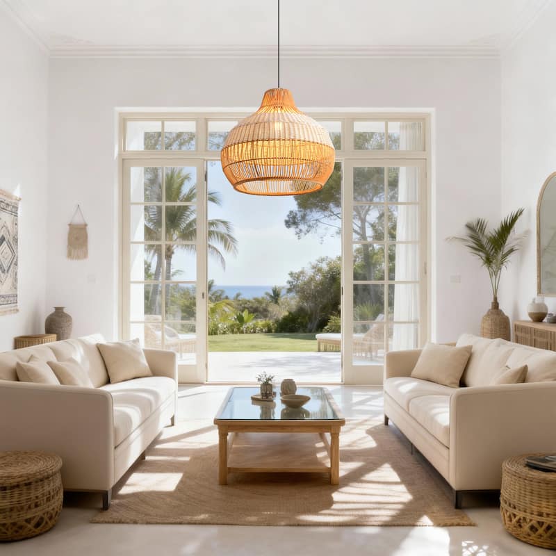 17" Bohemian Round Woven Wicker Adjustable Pendant Hanging Light for Dining Room