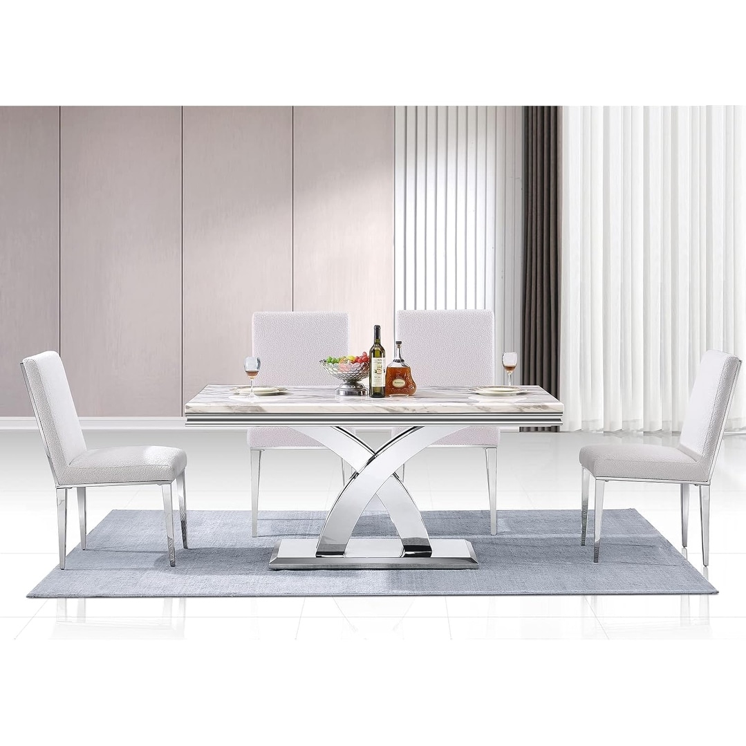 65 inch Faux Marble Dining Table Set with Boucle Dining Chairs