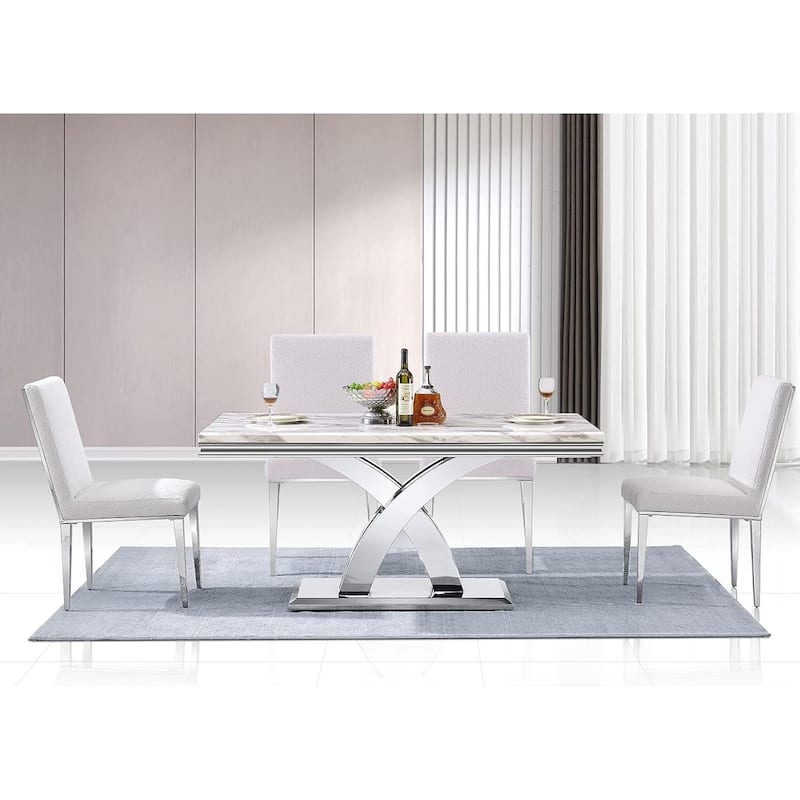 65 inch Faux Marble Dining Table Set with Boucle Dining Chairs - Mirrored Silver and White - Table with 4 Chairs