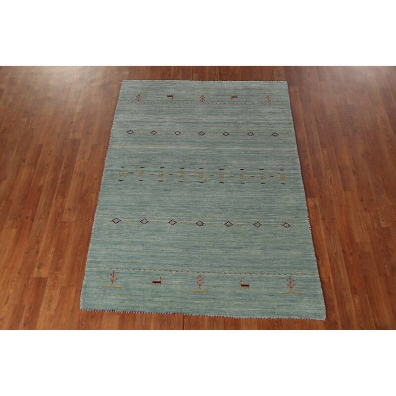 Blue Gabbeh Oriental Area Rug Handmade Wool Carpet - 4'2"x 5'10"