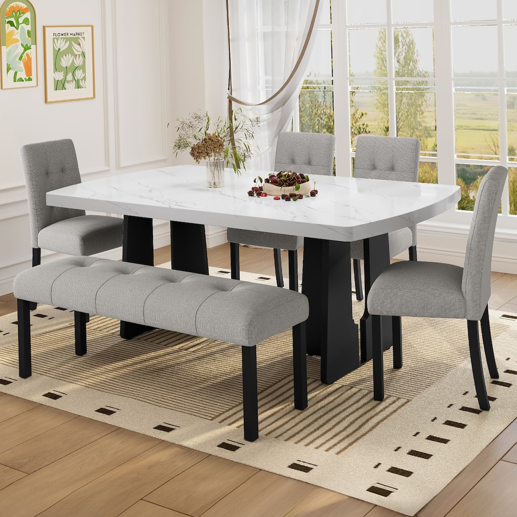 6 Piece Modern Dining Table Set, 63" Faux Marble Dining Table with Geometric Legs & 4 Upholstered Chairs & 1 Bench