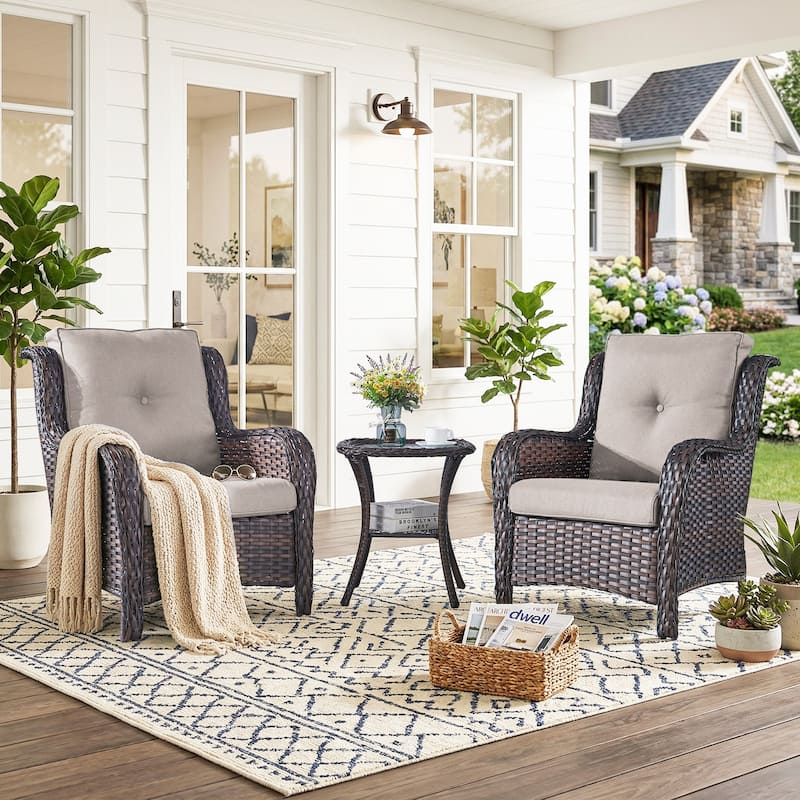 Pocassy Outdoor Patio Wciker Sofa Furniture Set of Chair Table. - Brown Wicker with Beige Cushion - 3-Piece Patio Chair with Side Table Set