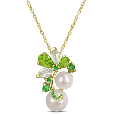 Miadora Cultured Freshwater Pearl 2 1/4ct TGW Peridot Green Quartz Tsavorite Necklace in Yellow Plated Sterling Silver