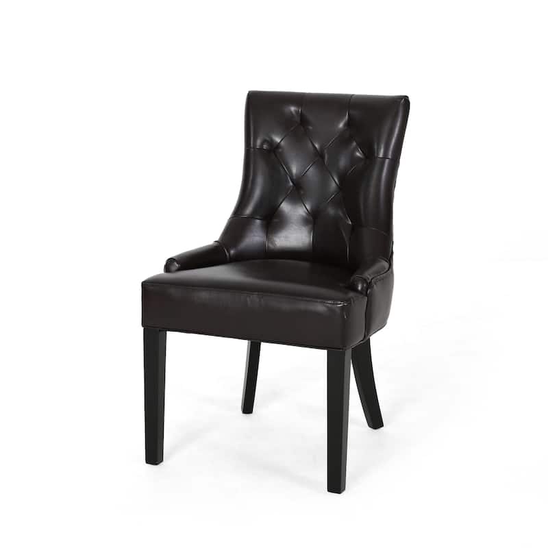 Chen Dining Chair Set of 2, Sloped Arms, Tufted Brown Faux Leather